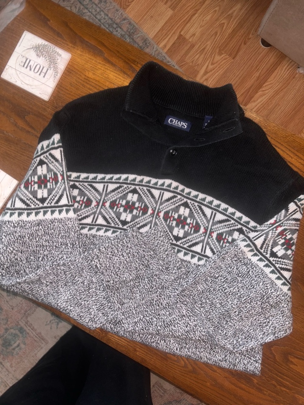 Chaps Men's Black, Gray & Red Patterned Zip-Up Sweater..